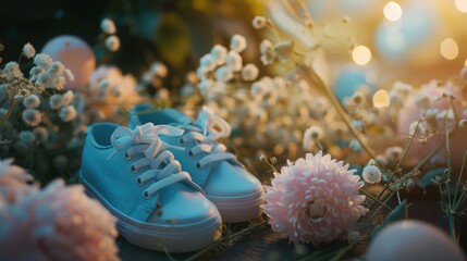 A pair of baby shoes are sitting in a field of flowers