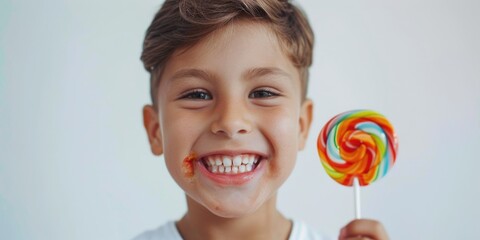 A young boy is holding a lollipop and smiling