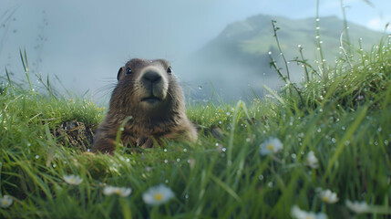A curious marmot peering out from its burrow in a lush alpine meadow, with dew-kissed grass in the foreground and misty mountains in the distance, offering plenty of room for text