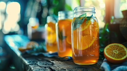 Three mason jars filled with orange juice and mint sit on a wooden table - obrazy, fototapety, plakaty