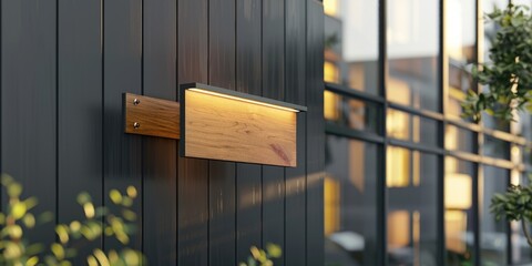 A wooden sign with a light on it is mounted on a wall