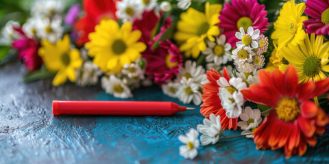 A red pencil is placed next to a bouquet of flowers