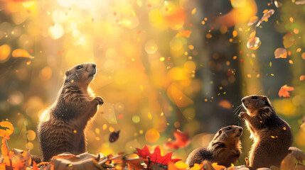 A family of marmots frolicking among colorful autumn foliage, with golden sunlight filtering through the trees and a blurred forest backdrop providing room for captions or logos