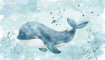 Watercolor illustration of a cute blue whale on a blue background generated AI