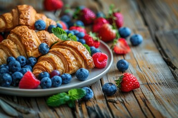 A plate of croissants and strawberries with blueberries on a wooden table