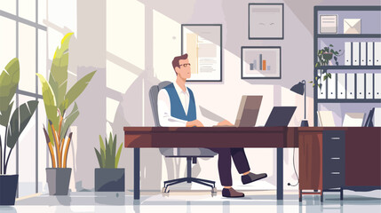 Man working in room at officeVector illustration Flat - obrazy, fototapety, plakaty