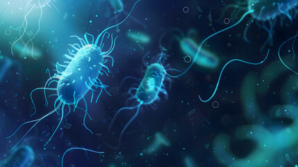 A blue digital rendering of bacteria - obrazy, fototapety, plakaty