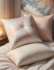 Elegant White Pillows with Intricate Designs Against Chic Headboard, Generative AI