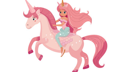 Mermaid princess riding pink unicorn. Vector illustration