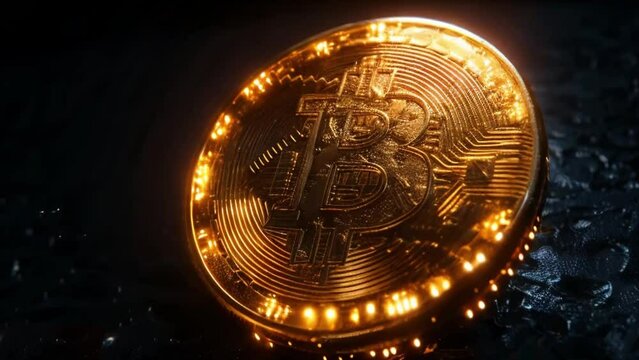 Shiny golden Currency with Bitcoin symbol. Cripto money, e-commerce finance virtual digital exchange concept. Gold sparkles on dark background