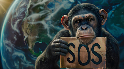A chimpanzee holding up a cardboard sign with the word SOS written on it - obrazy, fototapety, plakaty