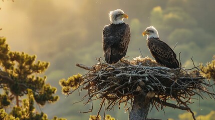 Two Bald Eagles Overlooking A Verdant Landscape From Their Nest At Dusk. Biodiversity and Birdwatching. Wildlife Banner with Copy space. AI Generated