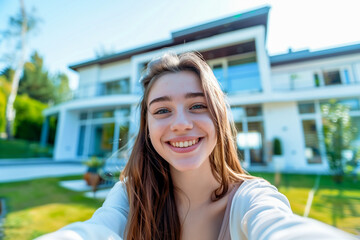 Young happy woman taking selfie in front of the house. Moving to new house.