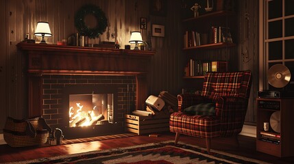 A cozy retro living room with a fireplace, a plaid armchair, and a collection of vintage vinyl...