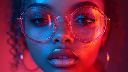 a close up of a person wearing a pair of glasses with a red and blue light shining through the lens.