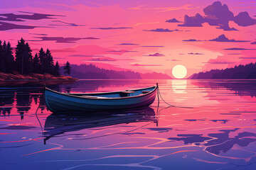 Nature landscape. Sunset sunrise in mountains with river bay and pine trees, water surface lake banks with fishing boat. Flat cartoon horizontal panorama, modern background