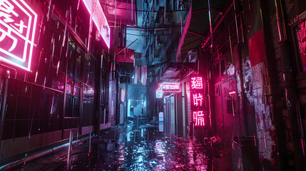 Obraz premium A cyberpunk-inspired scene of a neon-lit alleyway
