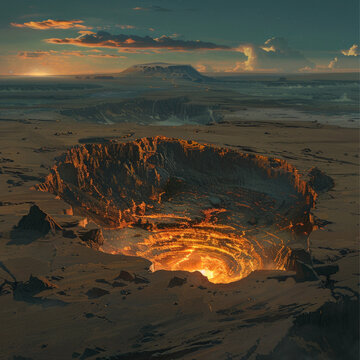 a cinematic view of a baron wasteland. in the middle is a huge crator with a glowing rock in the middle