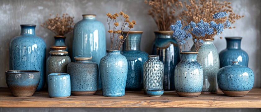 a group of blue vases sitting on top of a wooden shelf next to a vase filled with blue flowers.