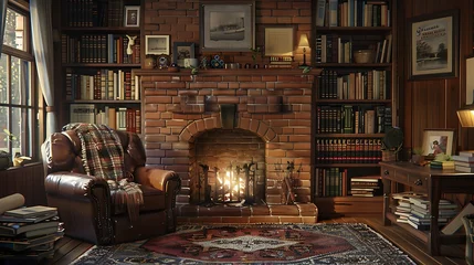 Fotobehang A cozy retro living room with a brick fireplace, a leather armchair, and a collection of vintage books displayed on built-in shelves, inviting you to curl up with a good read © SHAPTOS