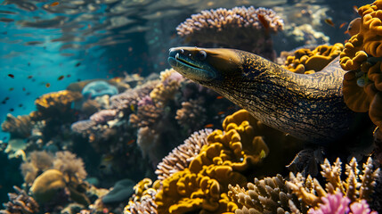 A majestic Moray eel gliding through crystal-clear waters, surrounded by vibrant coral reefs and mesmerizing aquatic life
