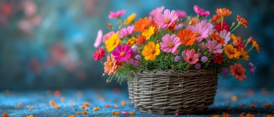 a basket filled with lots of colorful flowers on top of a blue cloth covered floor next to a blue wall.