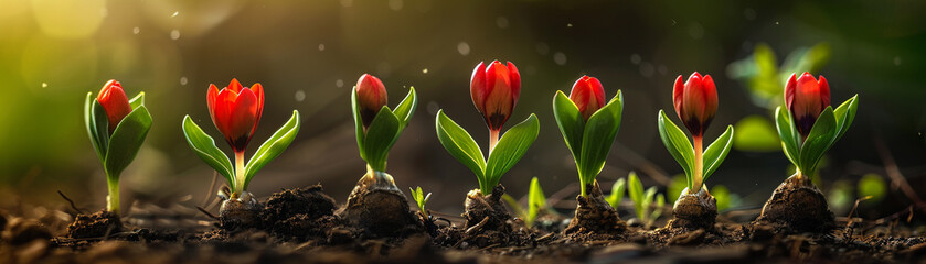 A serene row of budding red tulips basking in the gentle sunlight, heralding the arrival of spring and the awakening of nature. - obrazy, fototapety, plakaty