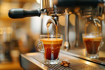A coffee machine is pouring coffee into a glass cup. The coffee is brown and has a rich aroma - obrazy, fototapety, plakaty