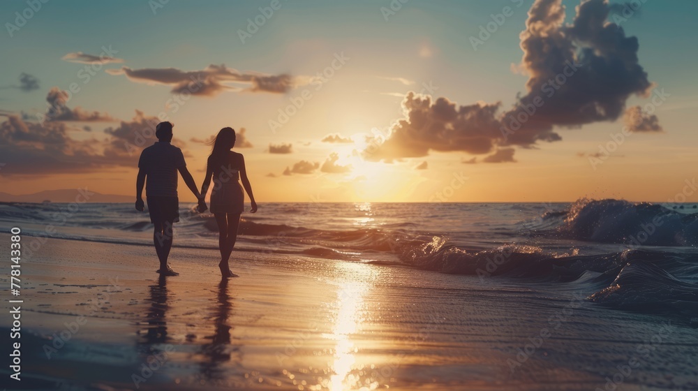 Wall mural A couple walking on the beach at sunset - Wall murals