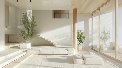Fototapeta na wymiar A white living room with a staircase and a tree