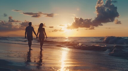 A couple walking on the beach at sunset