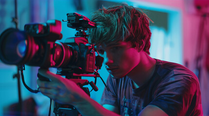 A man is holding a camera and looking at it