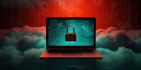 Red cloud security laptop with lock, technology background texture pattern design backdrop with copy space for photo, cyber security hacker data tech concept