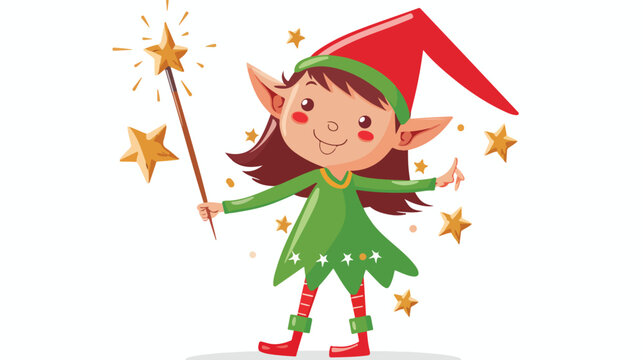 Pretty elf girl with magic wand. Vector illustration