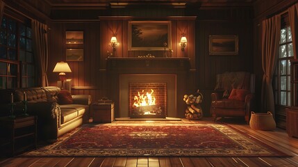 A cozy retro living room with a fireplace, a plush rug, and a comfortable sectional sofa, inviting...