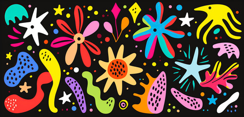 Colorful retro flowers pattern, funky abstract shapes, 90s 00s style, groovy background.