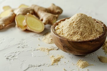 Fototapeta premium Ginger root and ginger powder in a wood bowl. Fresh ginger rhizome with sliced over light grey concrete background. Zingiber ground spice for cooking. Herb medical concept. Natural organic ingredient