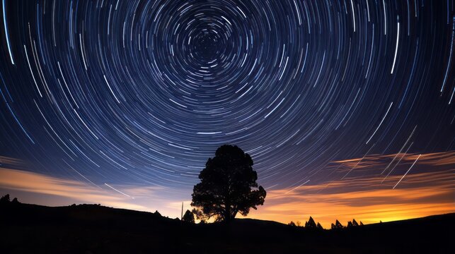 A time lapse photograph of star trails in the night sky