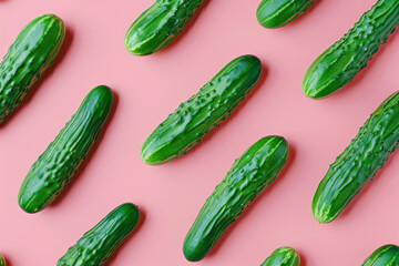 Fresh organic cucumbers arranged neatly on a pastel pink background, top view flat lay composition