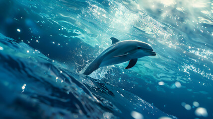 Fototapeta premium A mesmerizing scene of a dolphin breaching the surface, surrounded by ethereal hues of the ocean, inviting tranquility
