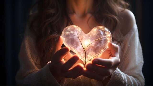 Young woman hands holding a glowing heart, world heart day, world health day