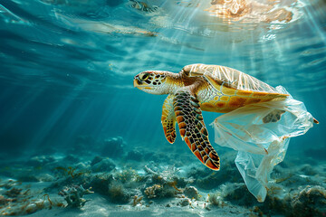 Turtle in the sea with plastic garbage - obrazy, fototapety, plakaty