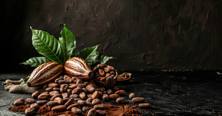 cocoa fruits with leaves and grains on a dark background, copy space