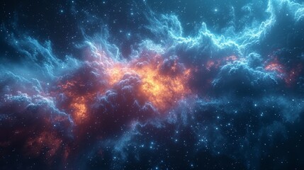 Naklejka premium a computer generated image of a cluster of stars in the night sky with bright orange and blue clouds in the foreground.