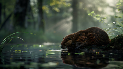 A pair of beavers engaged in a playful tussle by the water's edge, with the tranquil forest scenery...