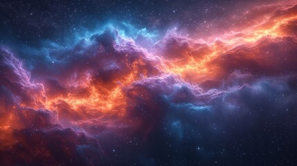 a computer generated image of a red and blue space filled with stars and clouds, with a bright orange and blue star in the center of the image.