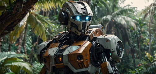 Cyborg mecha robot in tropical environment