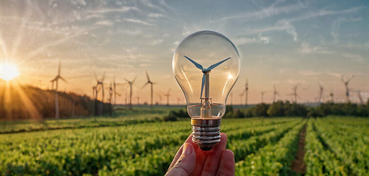 Glowing light bulb on nature landscape and wind turbines. Alternative energy concept.