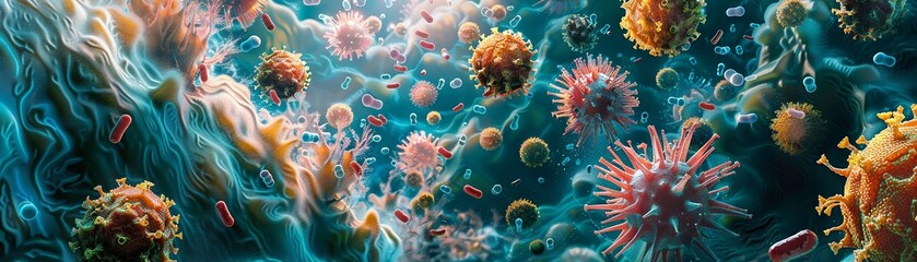 Artistic rendition of gut bacteria flourishing in an organic environment resembling an underwater coral reef - obrazy, fototapety, plakaty