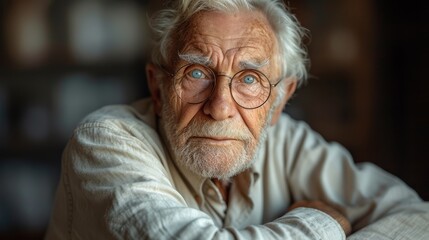 an old man with glasses and a white shirt is looking at the camera with a serious look on his face. - obrazy, fototapety, plakaty